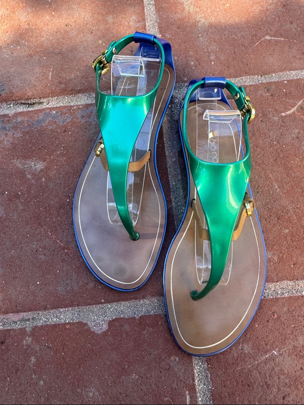 VINTAGE Sergio Rossi Jelly Sandals Cleo Green Blue Tan Colorblock Size 36 - Picture 5 of 11